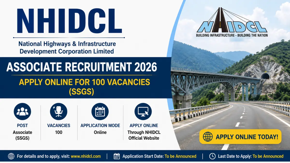 NHIDCL Associate Recruitment 2026 banner highlighting 100 Associate (SSGS) vacancies with online application details and highway infrastructure background.