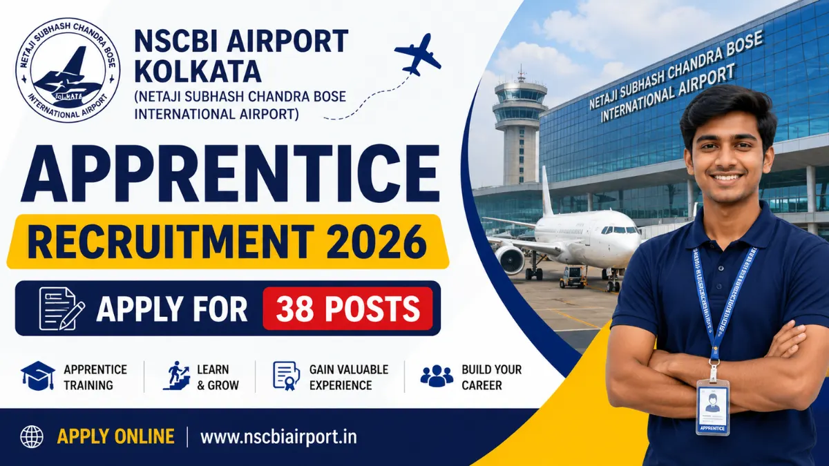 NSCBI Airport Kolkata Apprentice Recruitment 2026 notification banner inviting online applications for 38 apprentice posts.