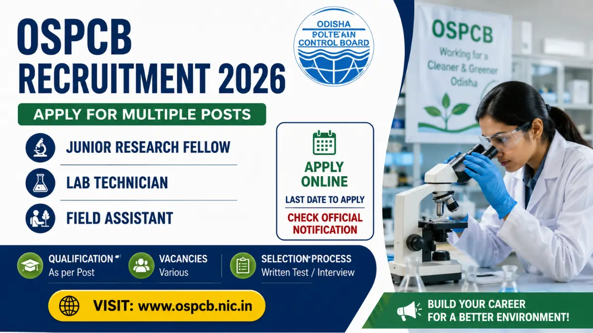 OSPCB Recruitment 2026 notification for Junior Research Fellow, Lab Technician, and Field Assistant posts with eligibility, application details, and official recruitment update.