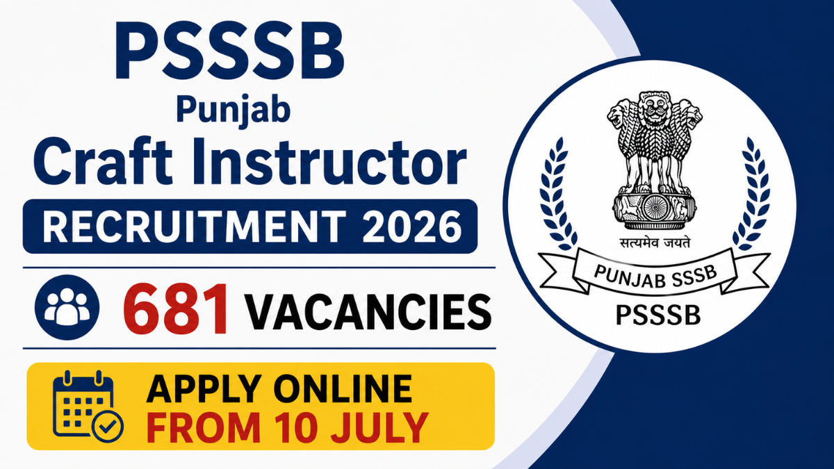 PSSSB Punjab Craft Instructor Recruitment 2026 notification for 681 Craft Instructor vacancies with online application starting from 10 July.