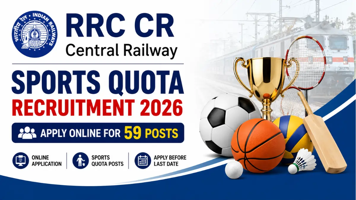 RRC CR Sports Quota Recruitment 2026 notification for 59 Sports Quota posts with Central Railway train and sports equipment.