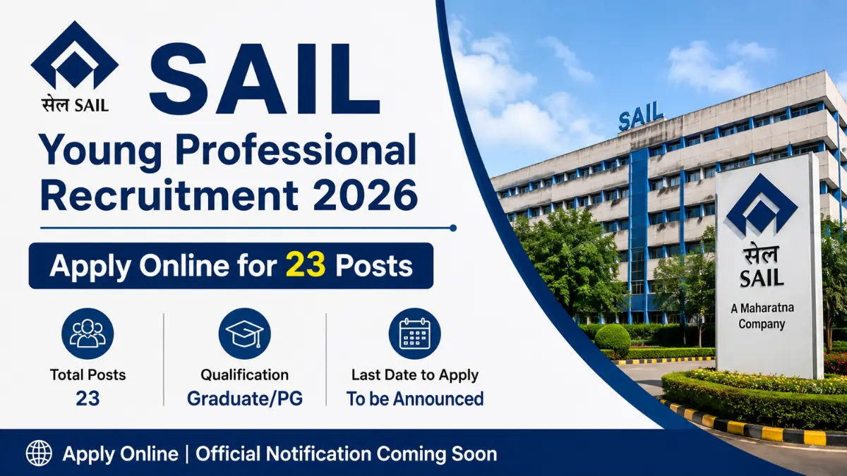 SAIL Young Professional Recruitment 2026 banner showing 23 vacancies with Apply Online announcement for Young Professional posts.