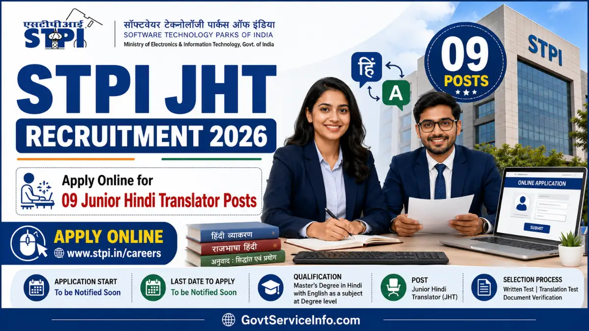 STPI JHT Recruitment 2026 banner for 09 Junior Hindi Translator (JHT) posts with online application details and Software Technology Parks of India office.