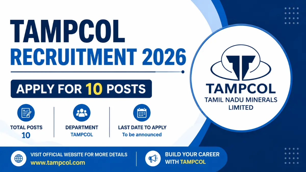 TAMPCOL Recruitment 2026 notification banner inviting applications for 10 posts in Tamil Nadu Minerals Limited.