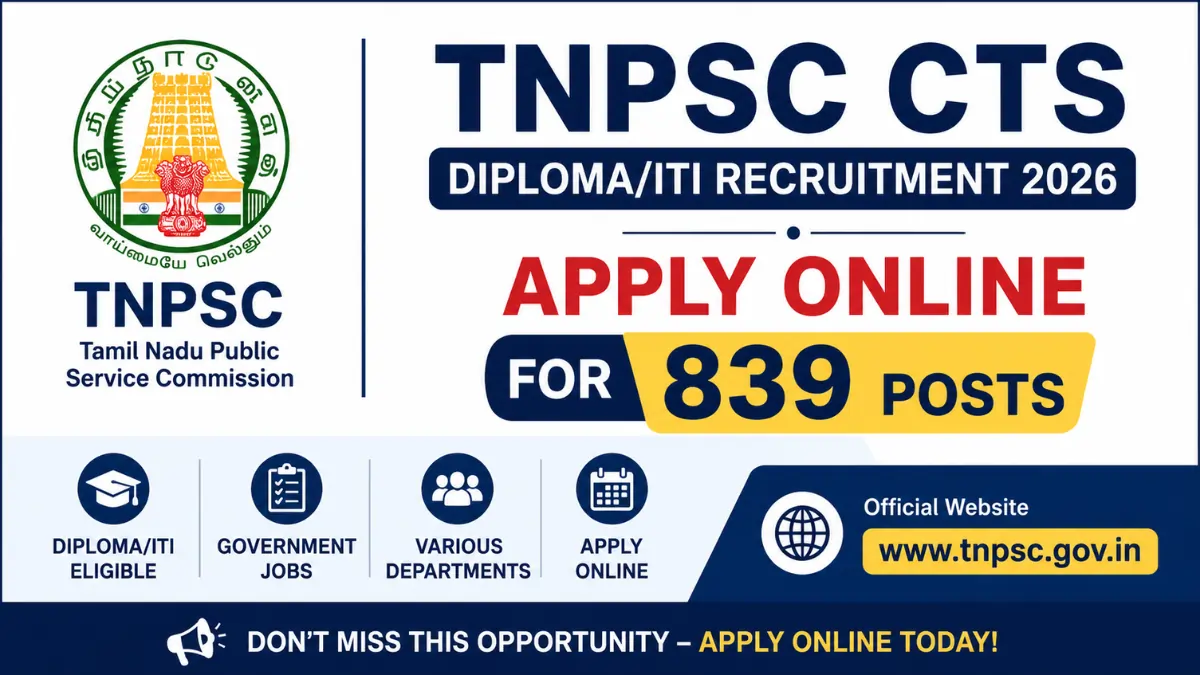 TNPSC CTS Diploma/ITI Recruitment 2026 notification for 839 posts apply online for Tamil Nadu government technical vacancies.