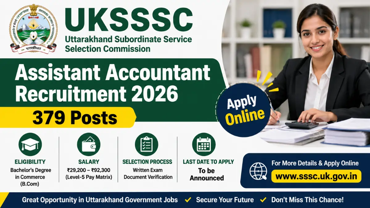 UKSSSC Assistant Accountant Recruitment 2026 notification for 379 vacancies with eligibility, salary, and online application details.