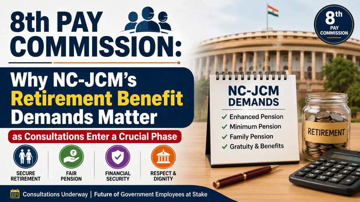 8th Pay Commission banner highlighting NC-JCM's retirement benefit demands, including pension, gratuity, family pension, and retirement security as consultations enter a crucial phase.