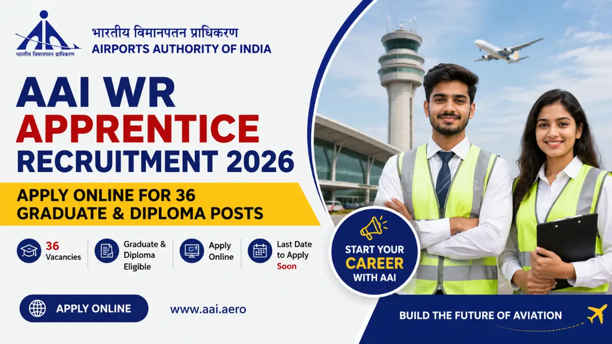 AAI WR Apprentice Recruitment 2026 banner showing 36 Graduate and Diploma Apprentice vacancies with airport background and young engineering apprentices.