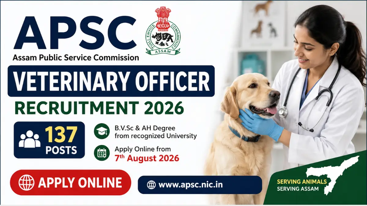 APSC Veterinary Officer Recruitment 2026 notification for 137 Veterinary Officer posts with online application starting from 7th August 2026 in Assam.