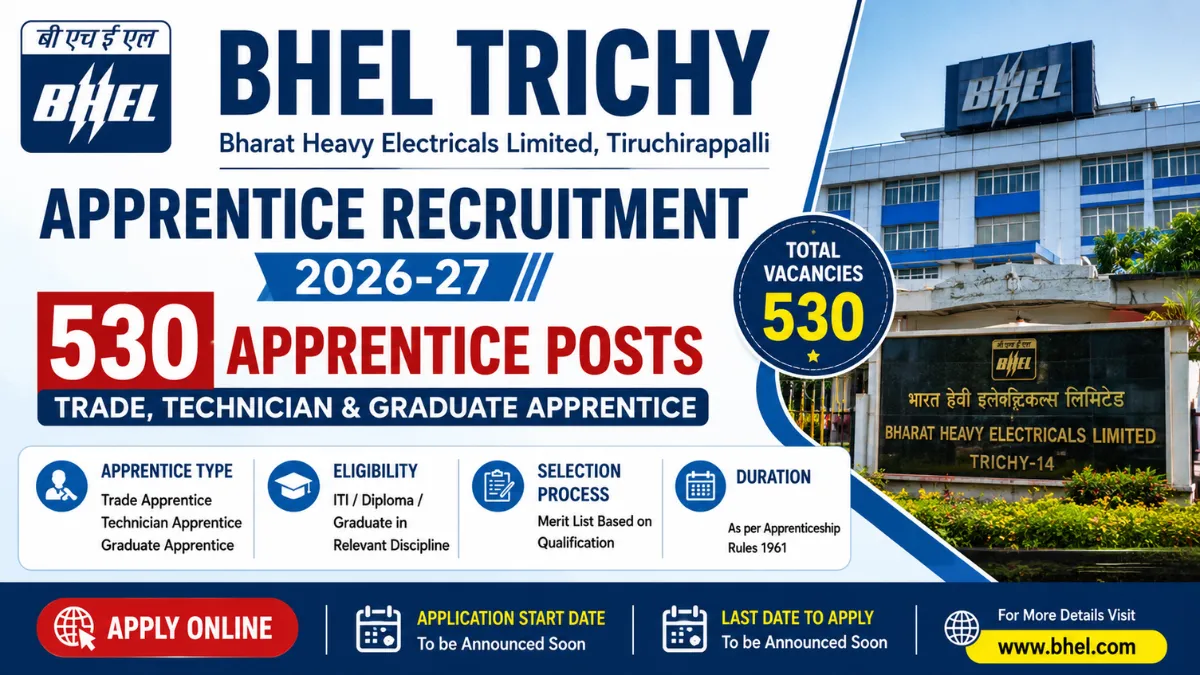 BHEL Trichy Apprentice Recruitment 2026-27 for 530 Trade, Technician and Graduate Apprentice Posts