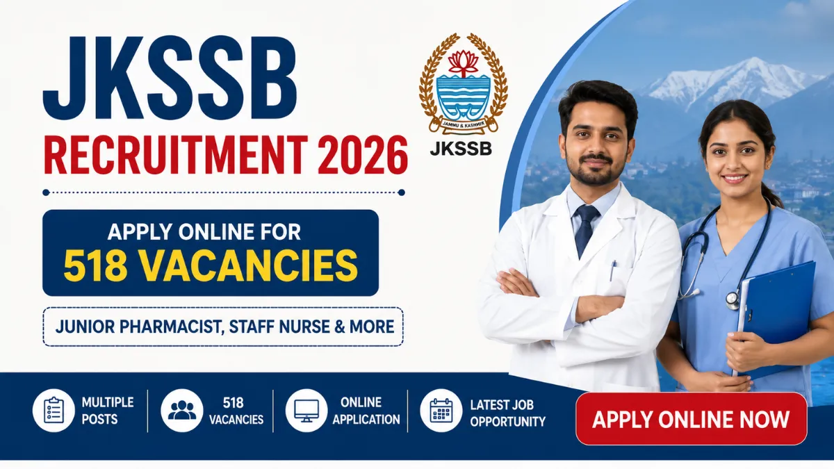 JKSSB Recruitment 2026 banner showing 518 vacancies for Junior Pharmacist, Staff Nurse and other posts with online application details.