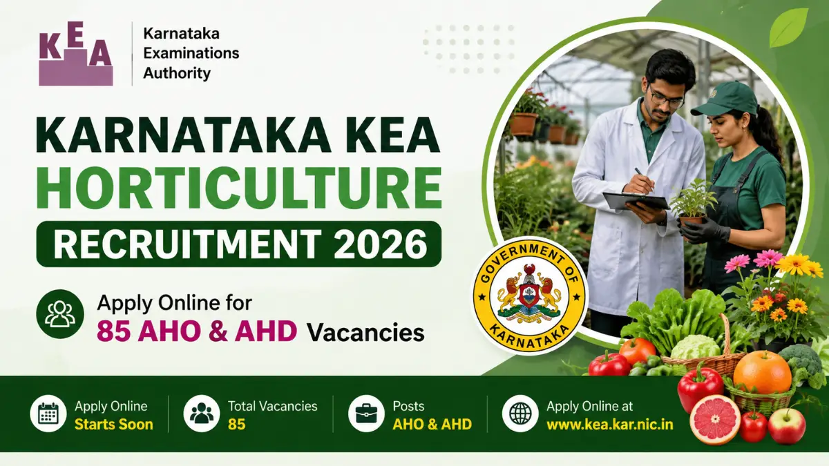 Karnataka KEA Horticulture Recruitment 2026 banner showing 85 AHO and AHD vacancies with horticulture professionals inspecting plants in a greenhouse.