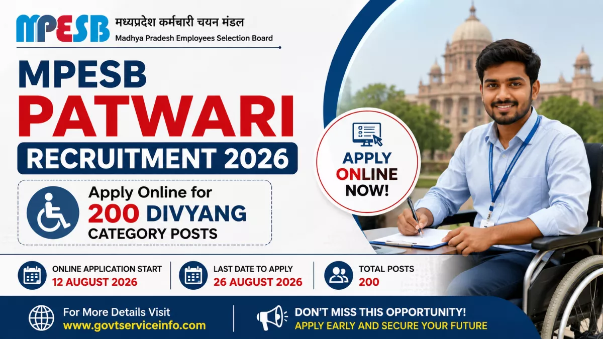MPESB Patwari Recruitment 2026 notification for 200 Divyang category Patwari posts. Apply online, eligibility, important dates, and application details.