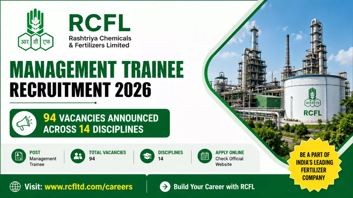 RCFL MT Recruitment 2026 notification announcing 94 vacancies across 14 disciplines for eligible engineering, finance, HR, marketing, and management graduates.