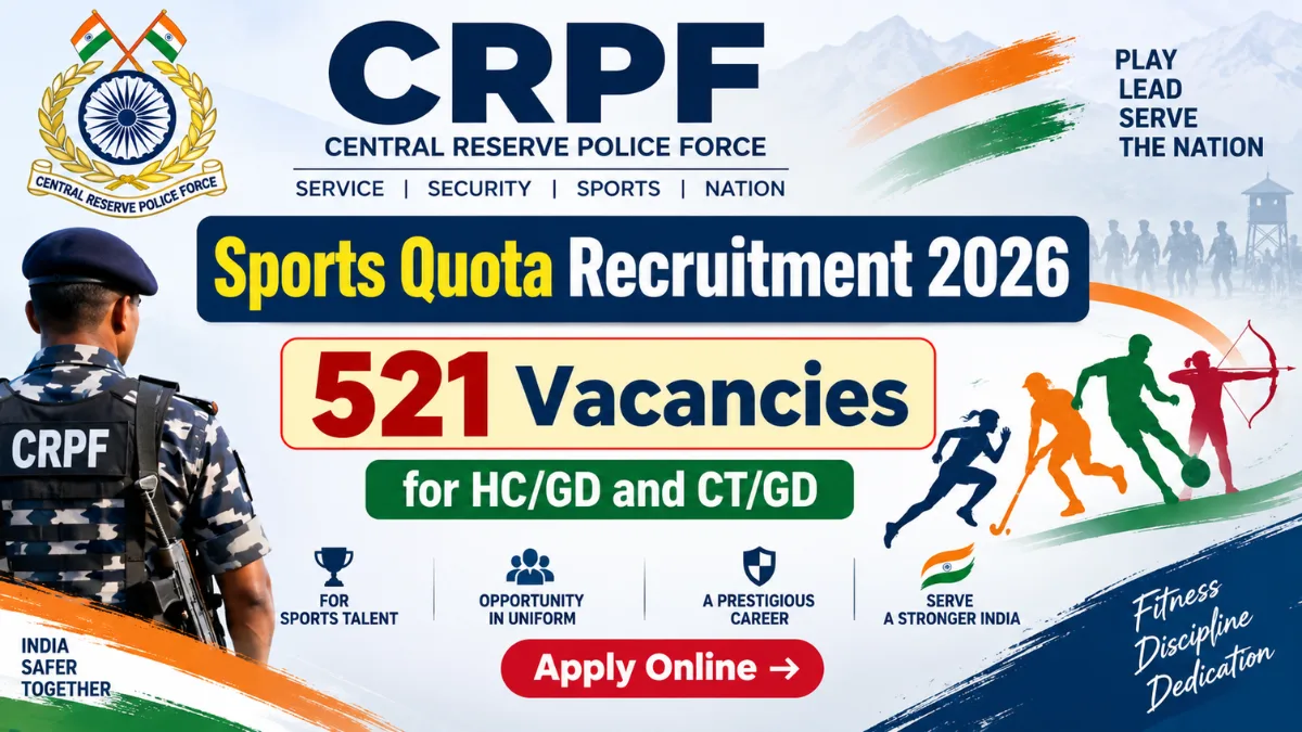 CRPF Sports Quota Recruitment 2026 poster showing 521 vacancies for HC/GD and CT/GD posts
