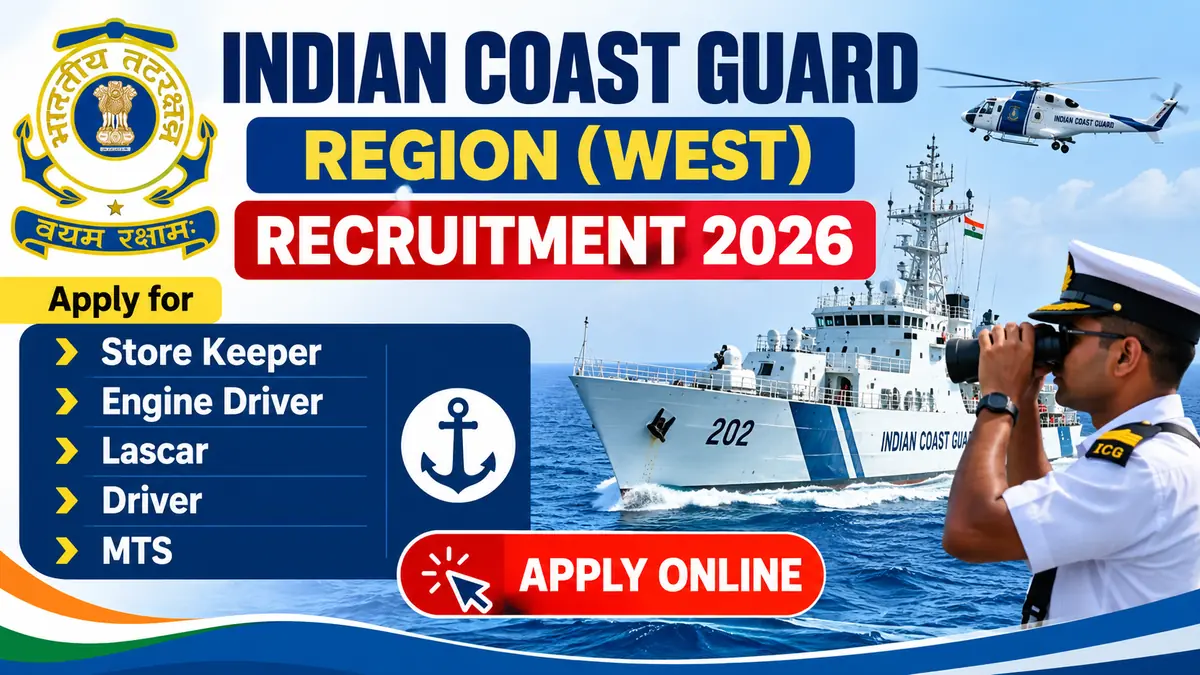 Indian Coast Guard Region (West) Recruitment 2026 poster for Store Keeper, Engine Driver, Lascar, Driver and MTS posts