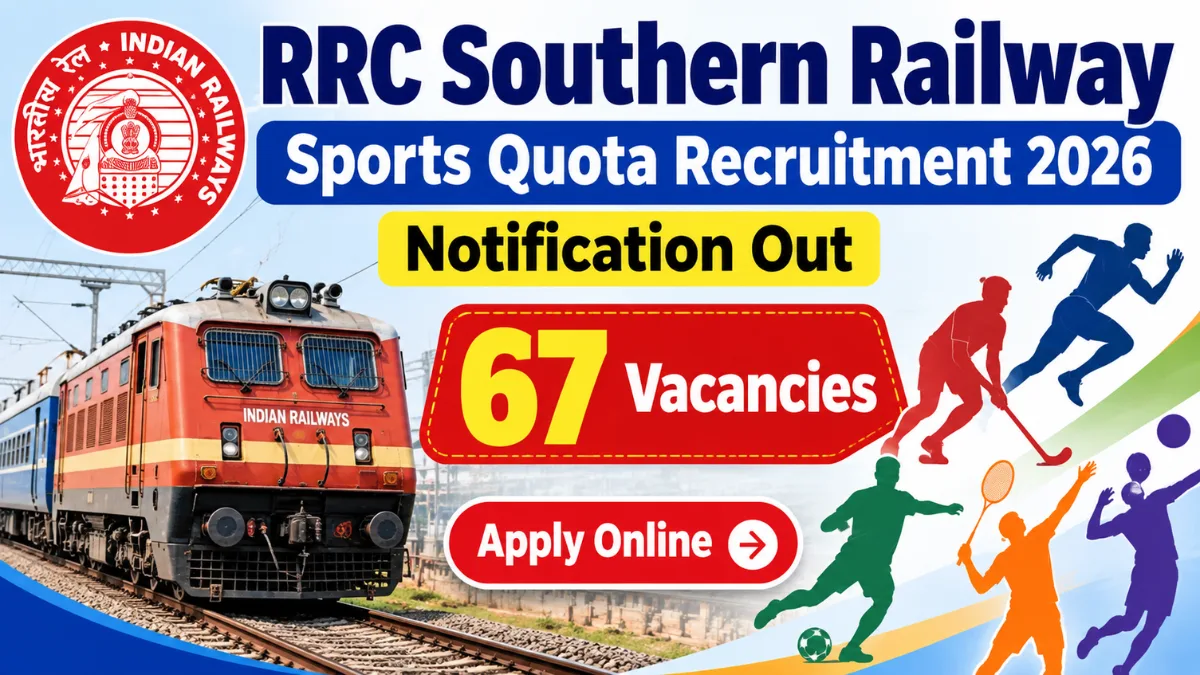RRC Southern Railway Sports Quota Recruitment 2026 notification banner with 67 vacancies and Apply Online button