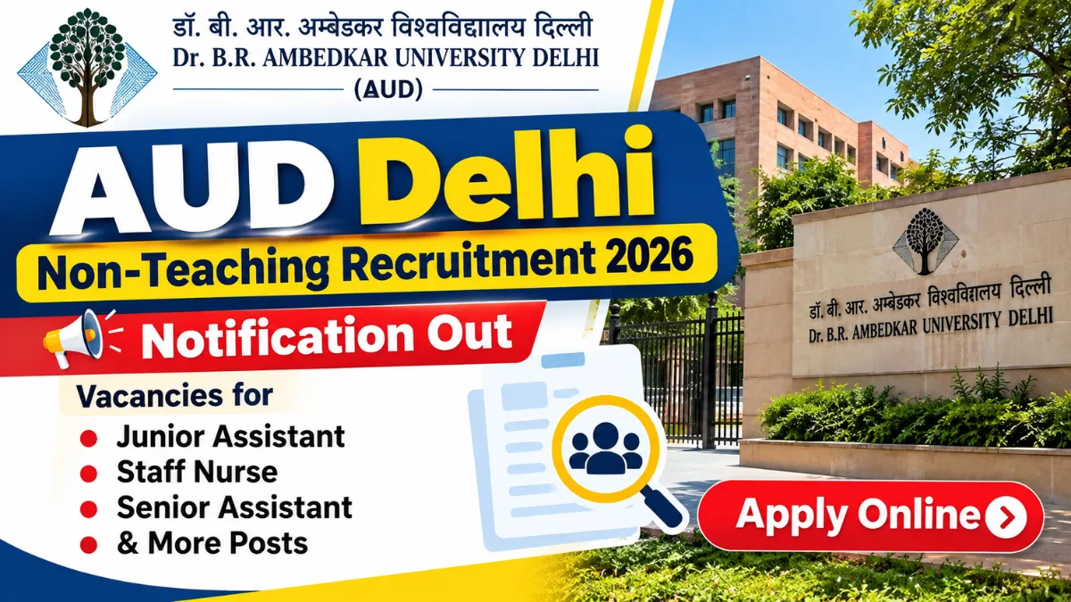 AUD Delhi Non-Teaching Recruitment 2026 banner showing the Ambedkar University Delhi campus and post list