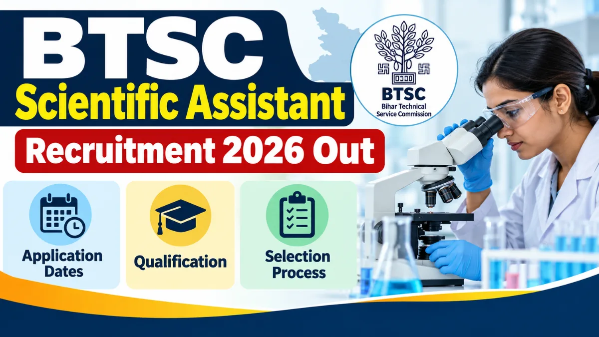 BTSC Scientific Assistant Recruitment 2026 notification banner with lab scientist and application dates