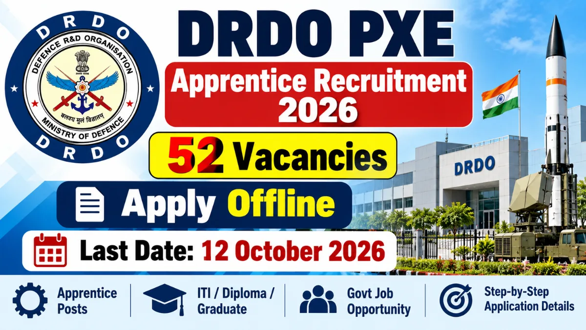DRDO PXE Apprentice Recruitment 2026 poster showing 52 vacancies and 12 October last date