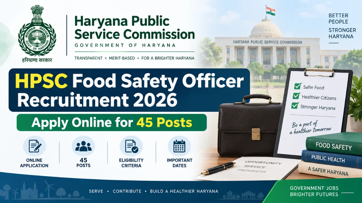 HPSC Food Safety Officer Recruitment 2026 banner for 45 posts with Haryana Public Service Commission building and checklist