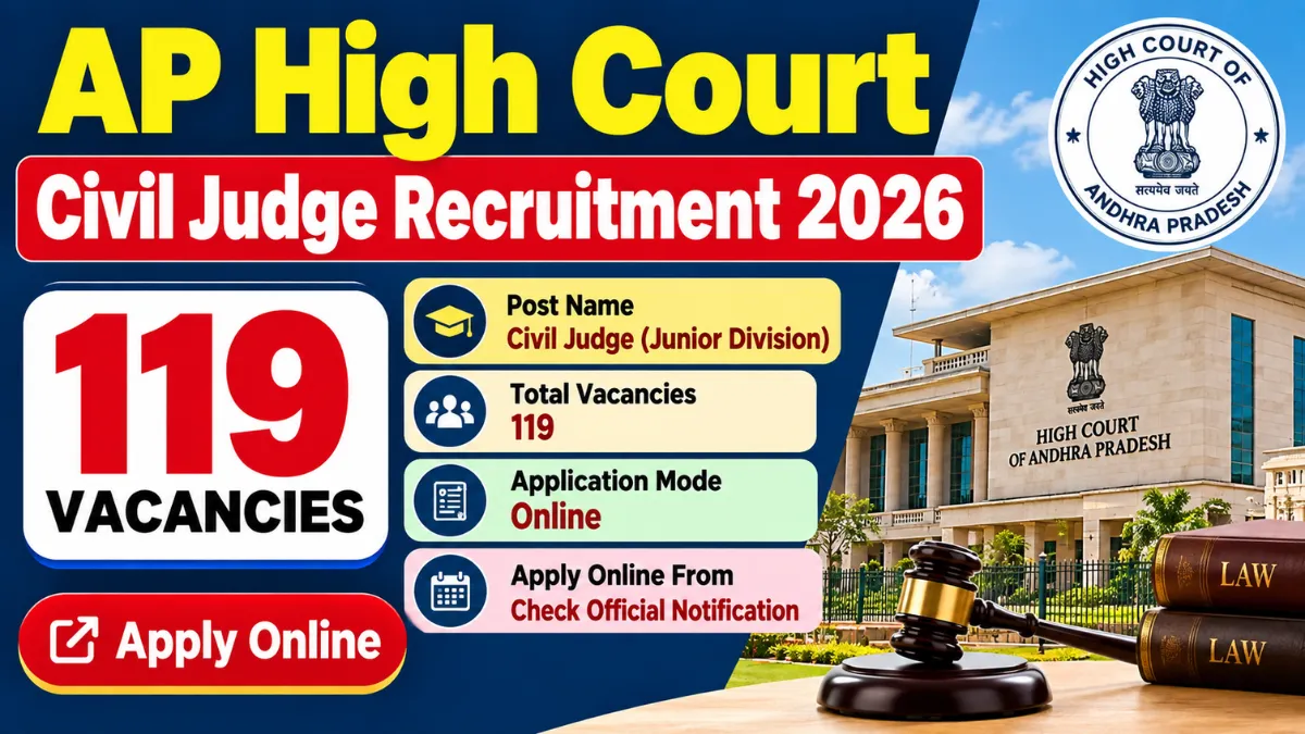 AP High Court Civil Judge Recruitment 2026 banner showing 119 vacancies, a gavel and the High Court building