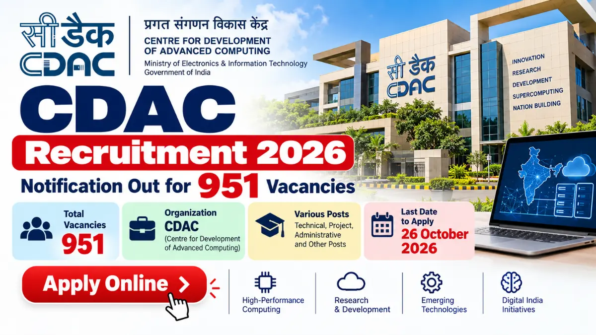 CDAC Technical and Non-Technical Recruitment 2026 banner with C-DAC campus, 951 vacancies and 26 October last date