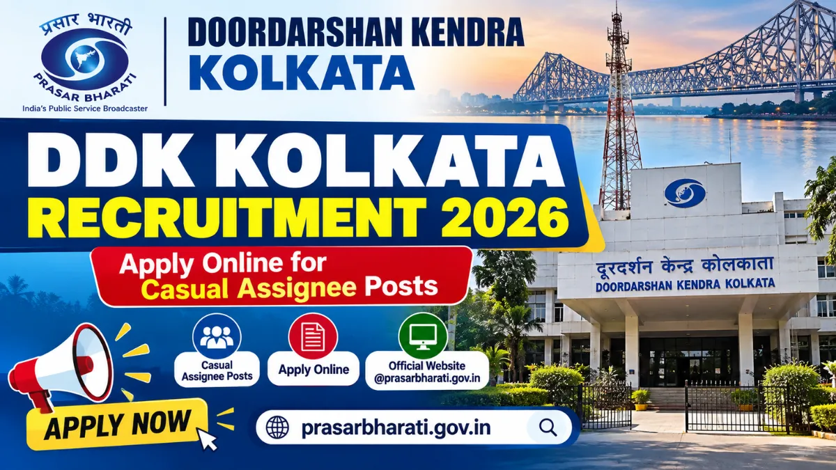 DDK Kolkata Recruitment 2026 banner showing the Doordarshan Kendra Kolkata building and Howrah Bridge