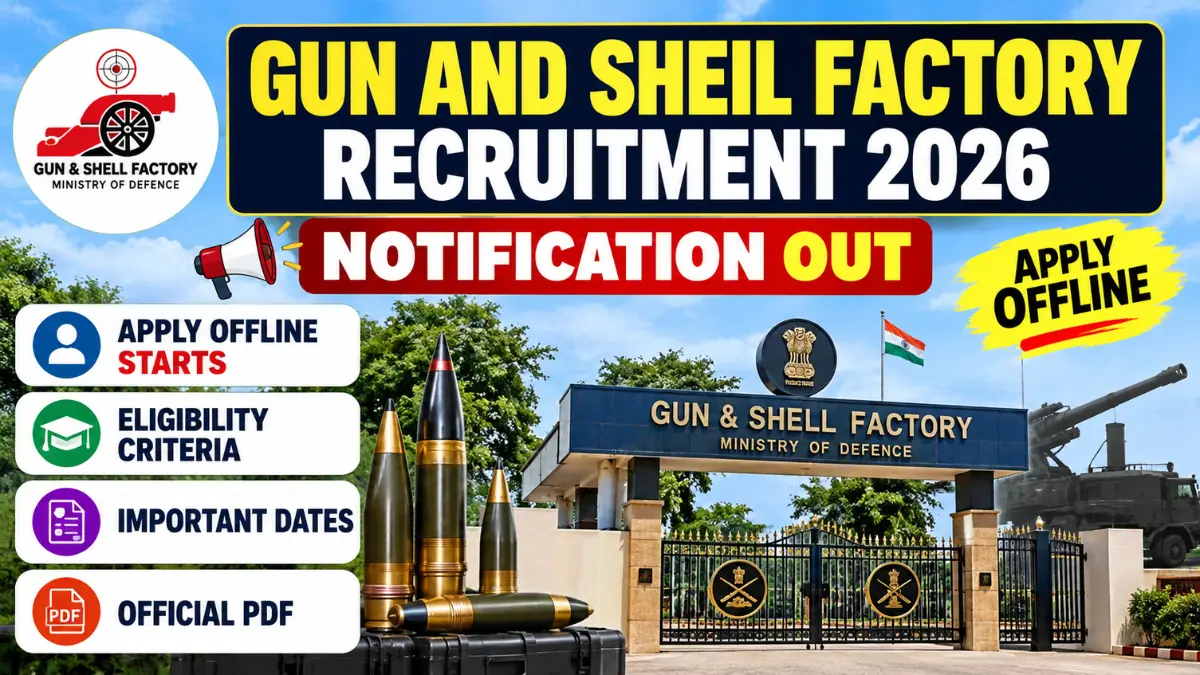 Gun and Shell Factory Recruitment 2026 banner with the factory gate, artillery shells and Ministry of Defence logo