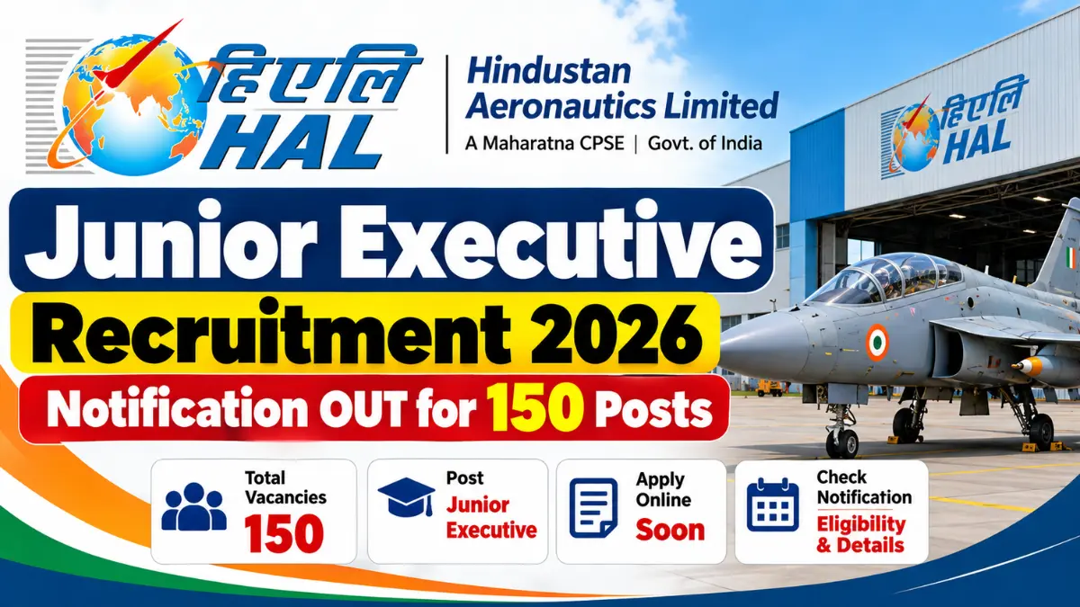 HAL Junior Executive Recruitment 2026 banner with a HAL jet at the hangar and 150 vacancies