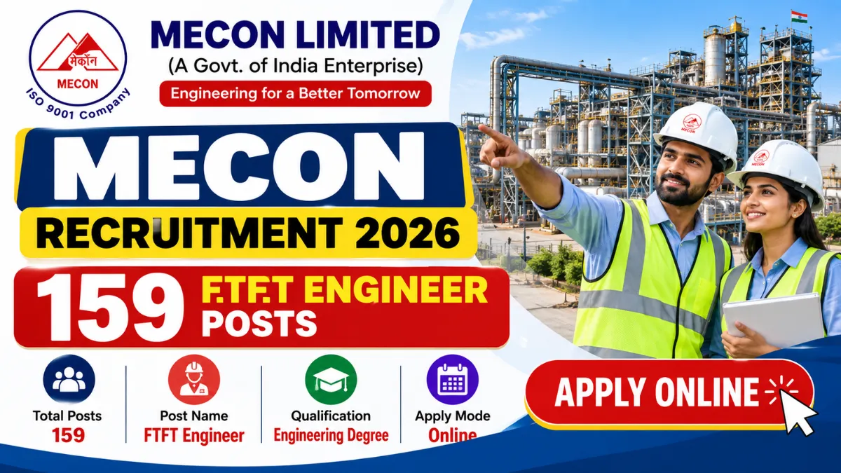 MECON FTFT Recruitment 2026 banner for 159 engineer posts, showing two engineers in hard hats at a plant
