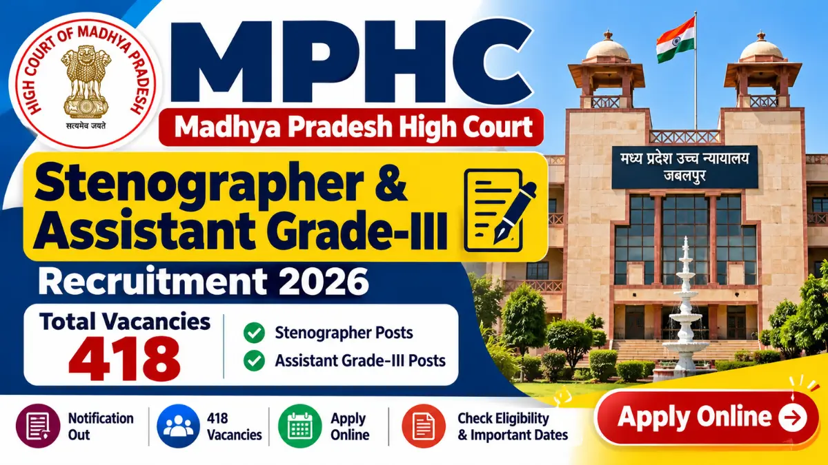 MPHC Stenographer Recruitment 2026 banner showing Madhya Pradesh High Court, Jabalpur and 418 vacancies