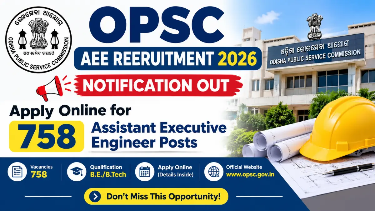OPSC Assistant Executive Engineer Vacancy 2026 banner with OPSC building, safety helmet and blueprints