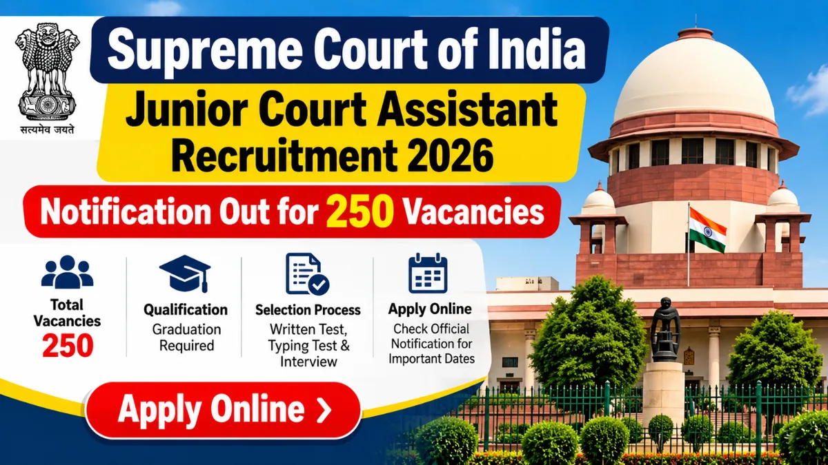 Supreme Court Junior Court Assistant Recruitment 2026 banner showing the Supreme Court building and 250 vacancies