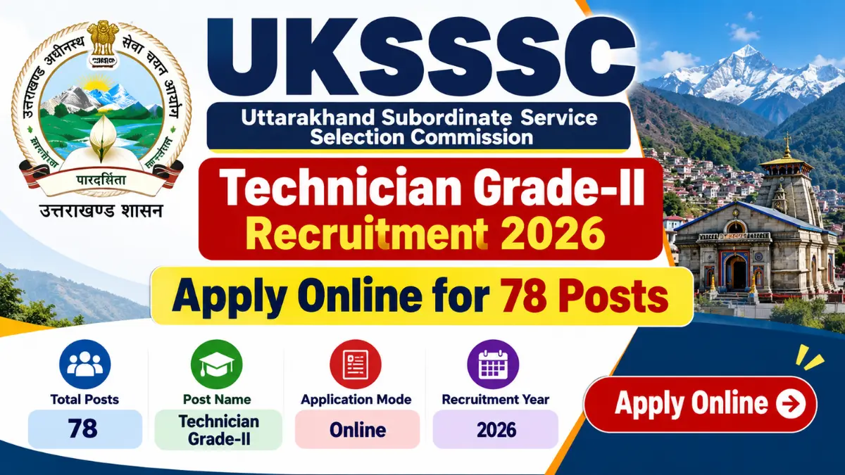 UKSSSC Technician Grade-II Recruitment 2026 banner for 78 posts with the Kedarnath temple and Himalayan peaks