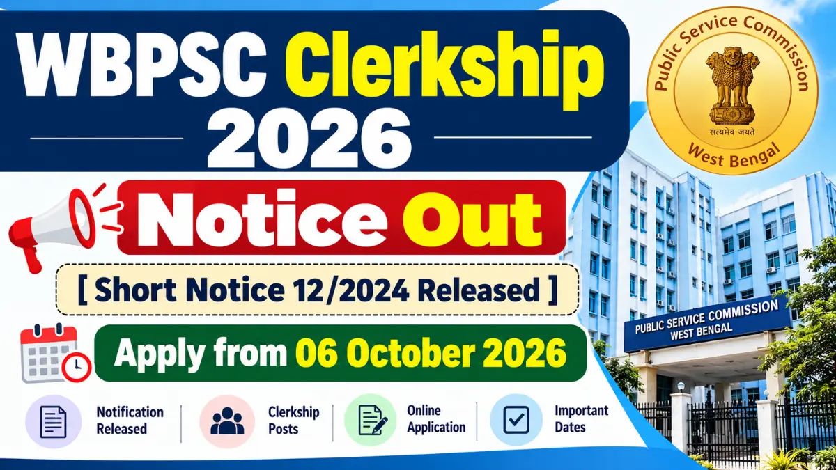 WBPSC Clerkship 2026 notice banner showing the Public Service Commission West Bengal building and emblem
